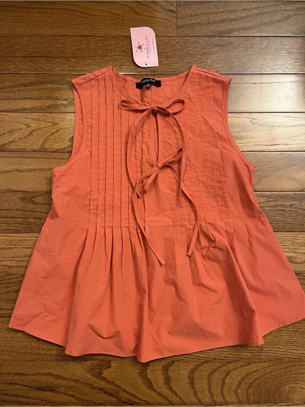 Strut & Bolt Rust Orange Sleeveless Pintuck Tie Poplin Cotton Top Women's S NWT